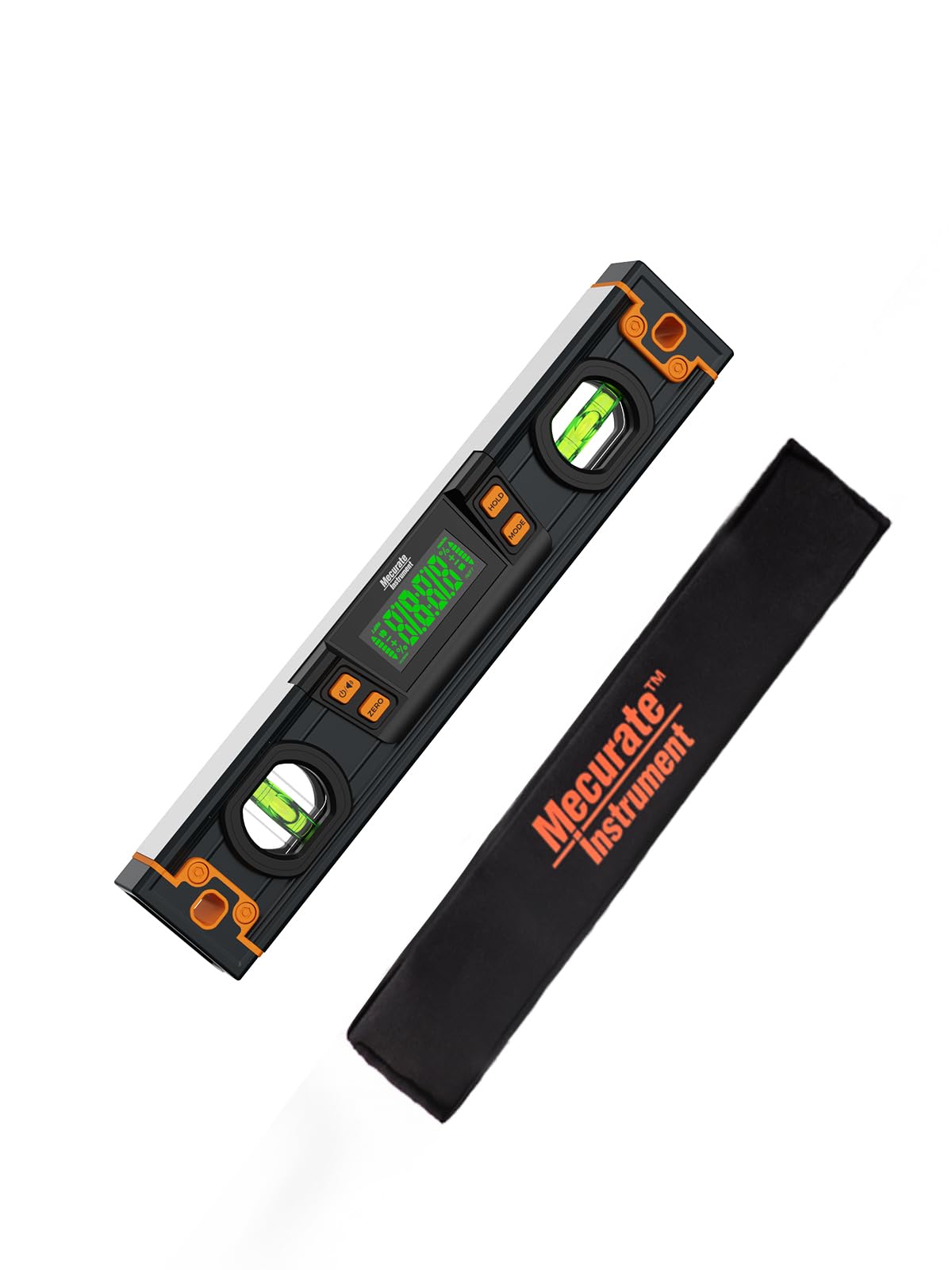 Mecurate 10-inch digital level with backlit display for clear readings in dim workspaces.