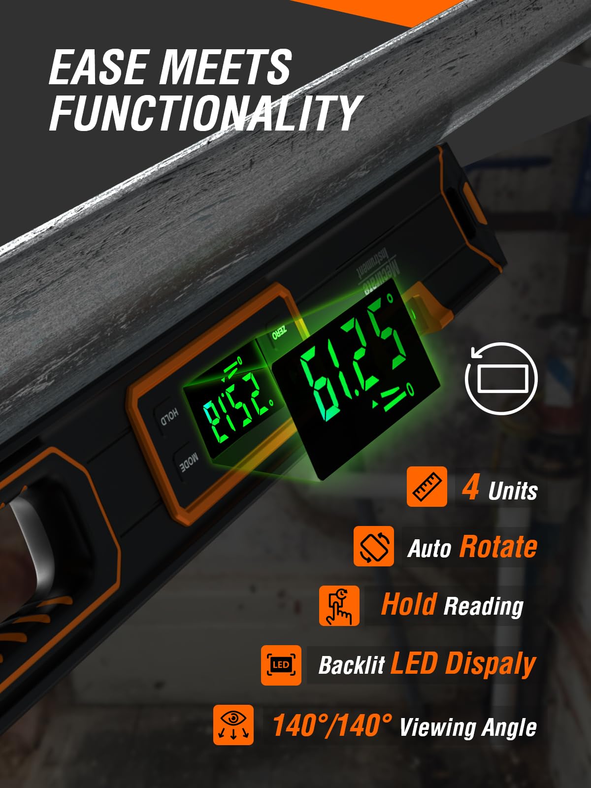 Mecurate 24 inch digital level one hand grip enables easy positioning during work