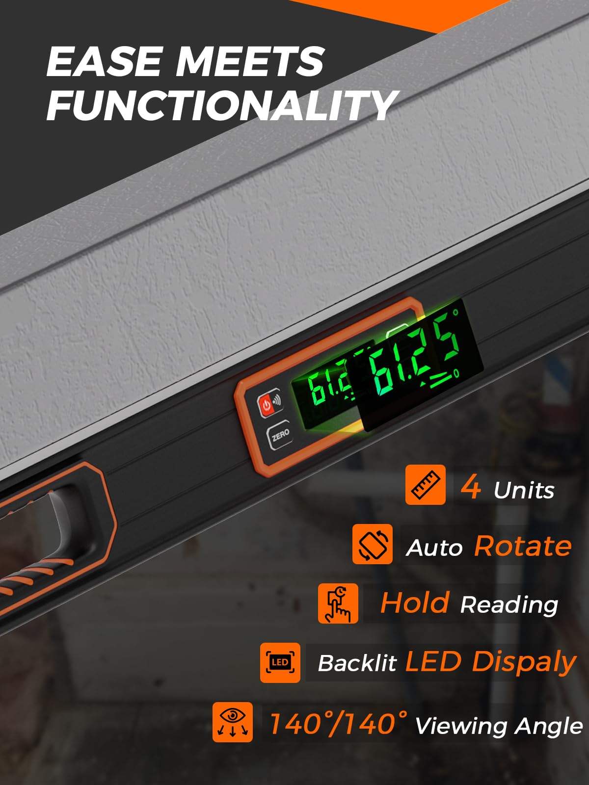 Mecurate digital level LCD display presents clear angle readings for precise leveling