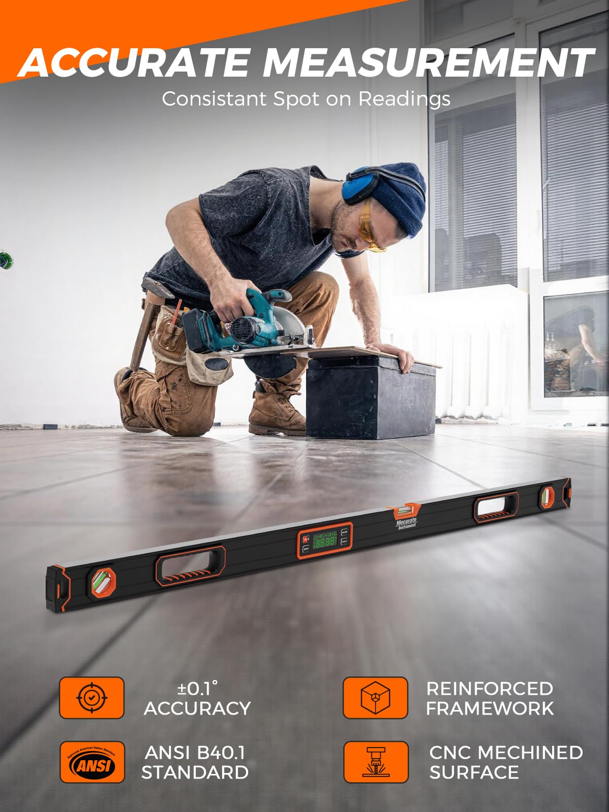 Mecurate digital level magnetic base demonstrates hands-free setup on metal surfaces
