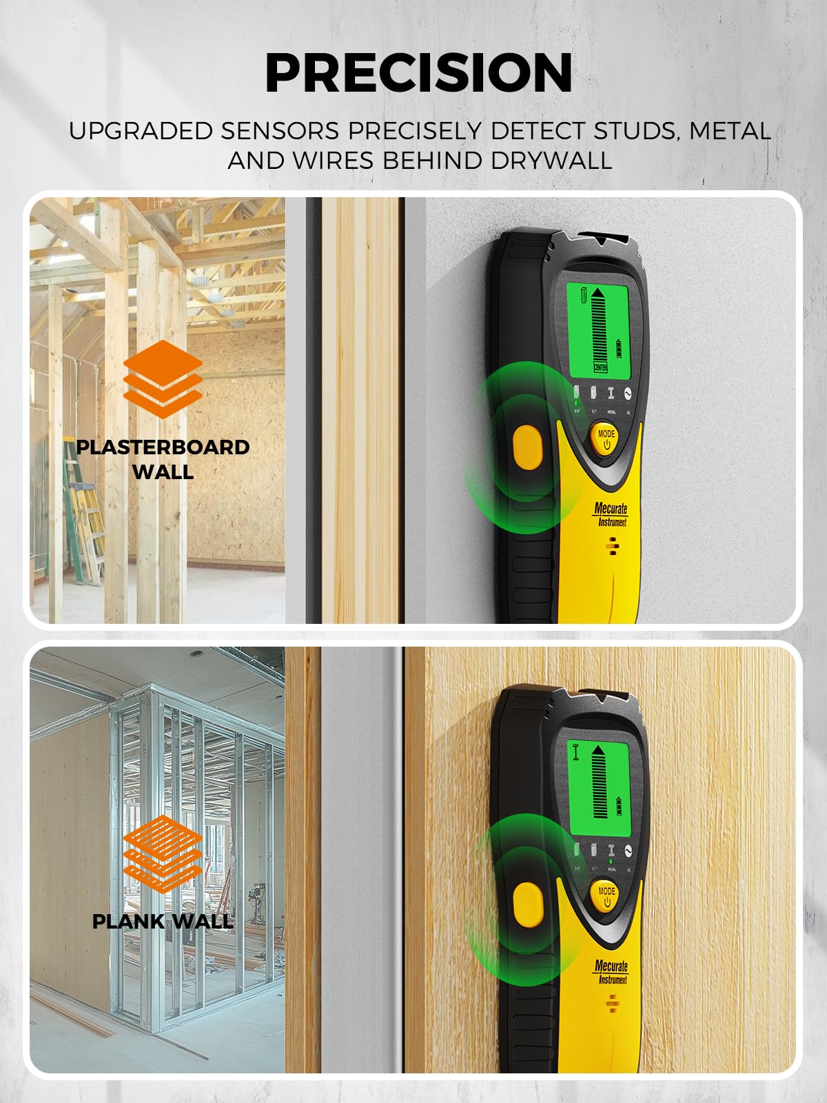 Mecurate 5-in-1 scanner modes help locate studs, metal, and wires efficiently.