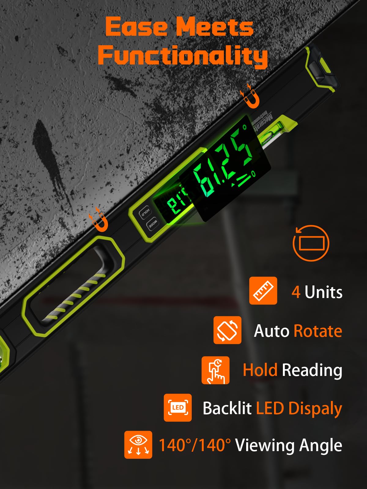 Mecurate angle finder shows four units for versatile angle and slope measurements.