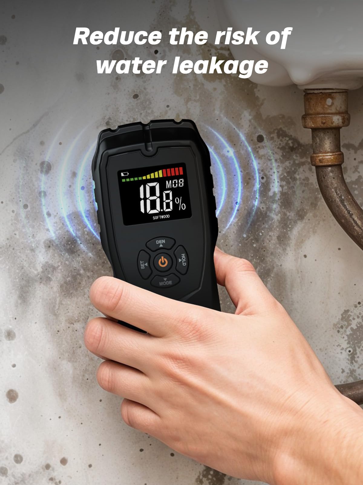 Mecurate Moisture Meter shown with 4 modes for material-specific checks.