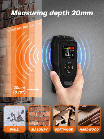 Mecurate Moisture Meter backlit LCD enables clear readings in dim spaces.