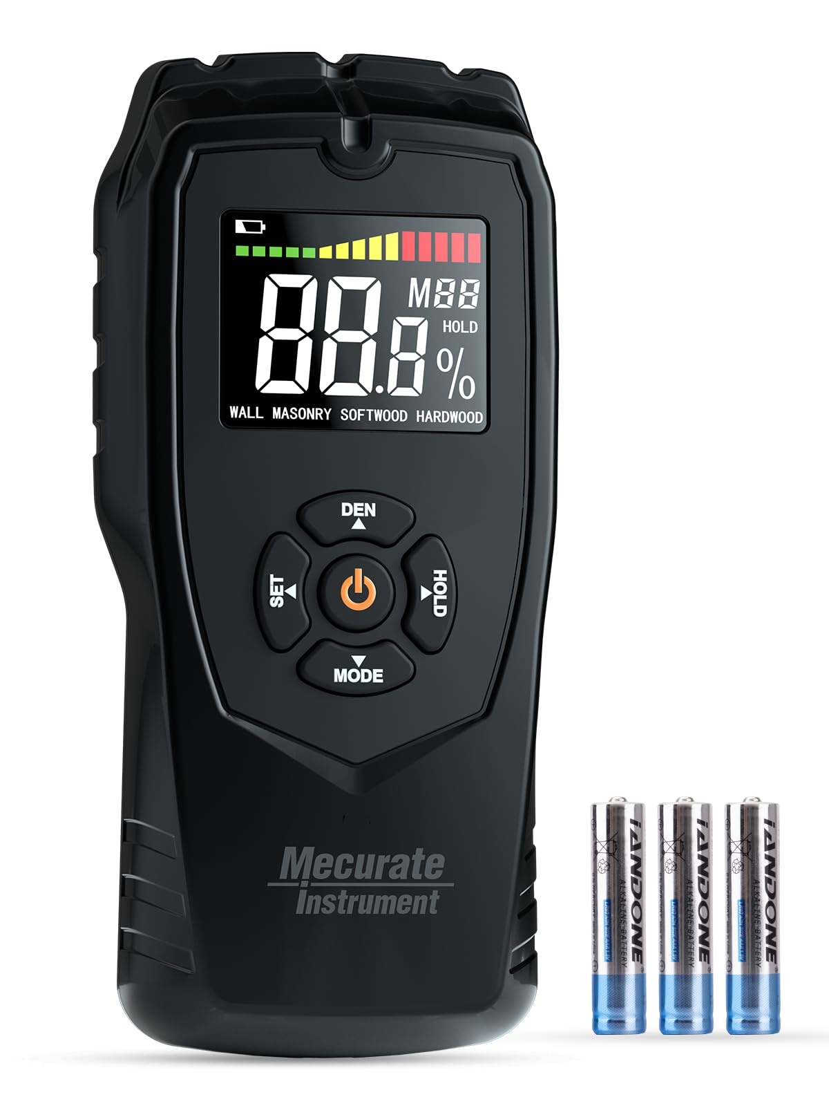 Mecurate Moisture Meter pinless front display for quick wood moisture readings.