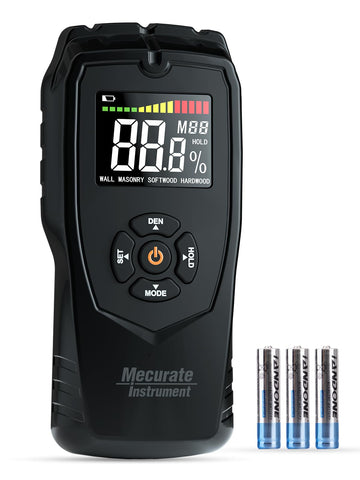 Mecurate Moisture Meter pinless front display for quick wood moisture readings.