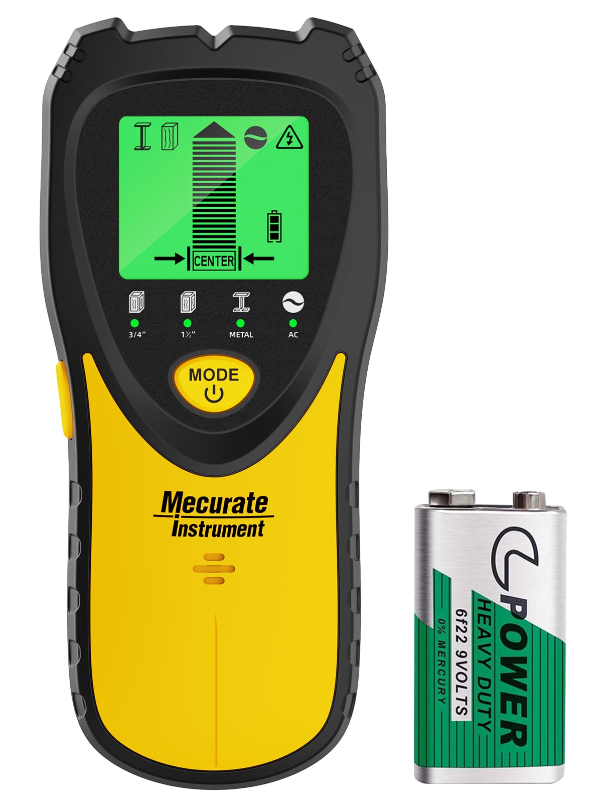 Mecurate stud finder with LCD display detects studs behind walls for safe mounting.