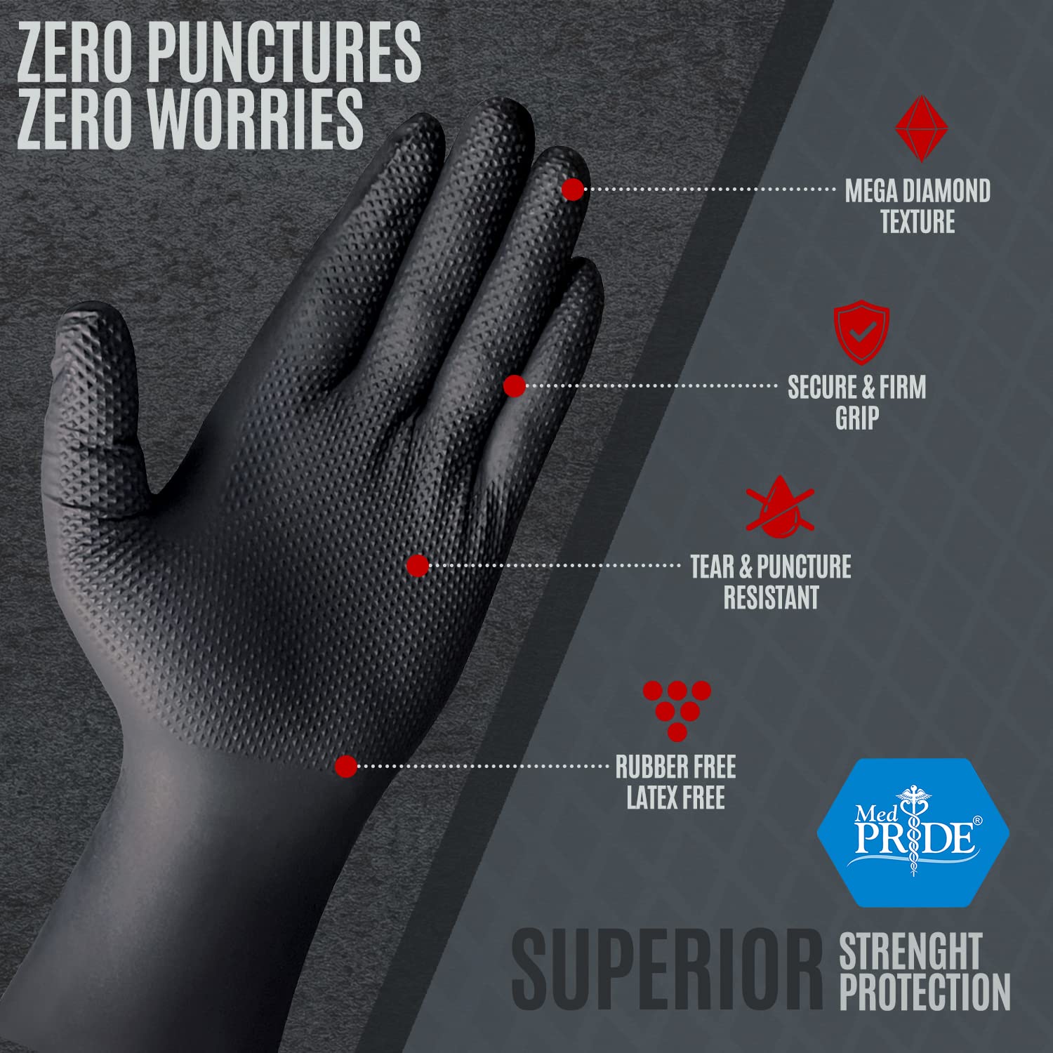 MED PRIDE diamond texture enhances grip and dexterity for tool handling.
