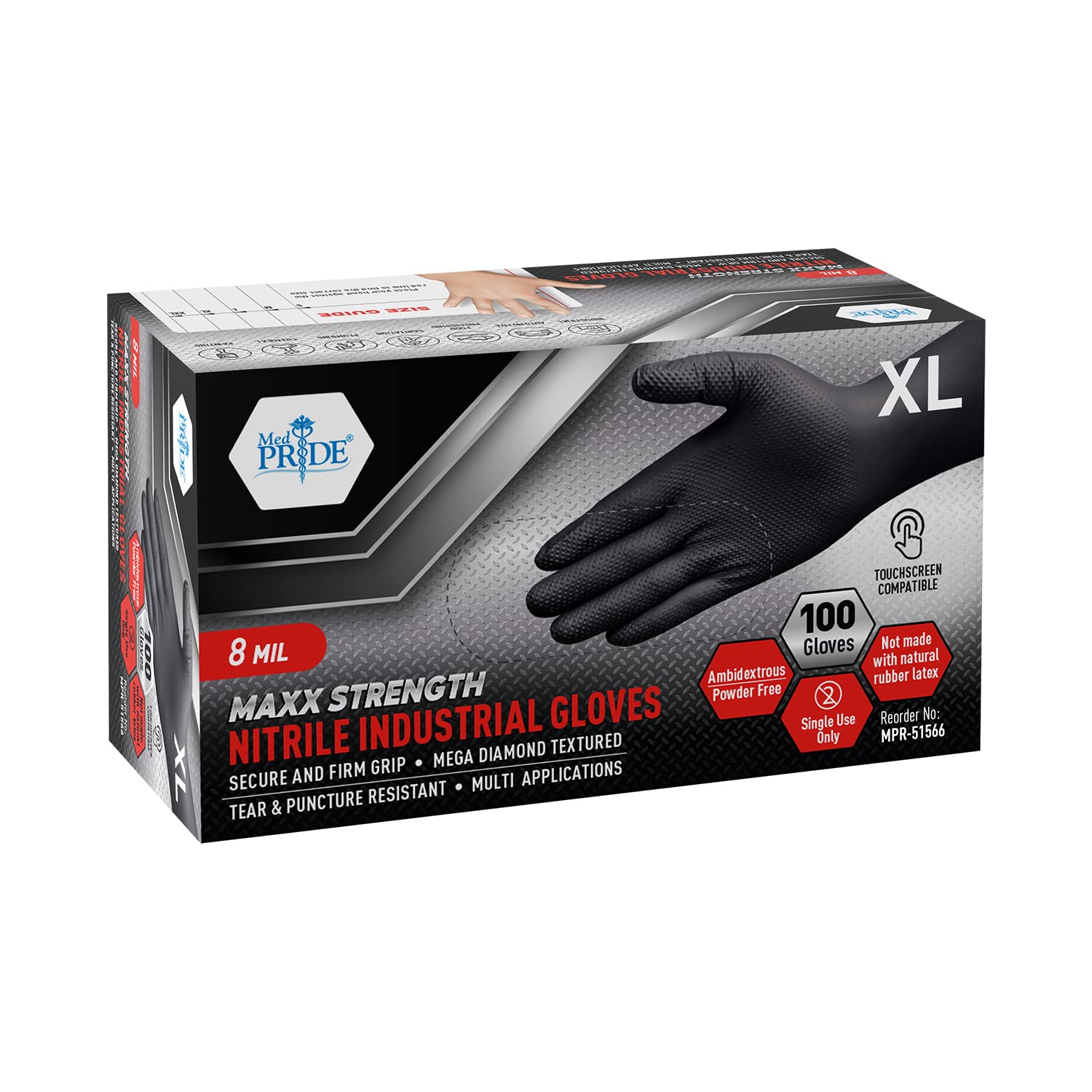 MED PRIDE Maxx Strength 8 mil gloves with diamond texture for secure grip.