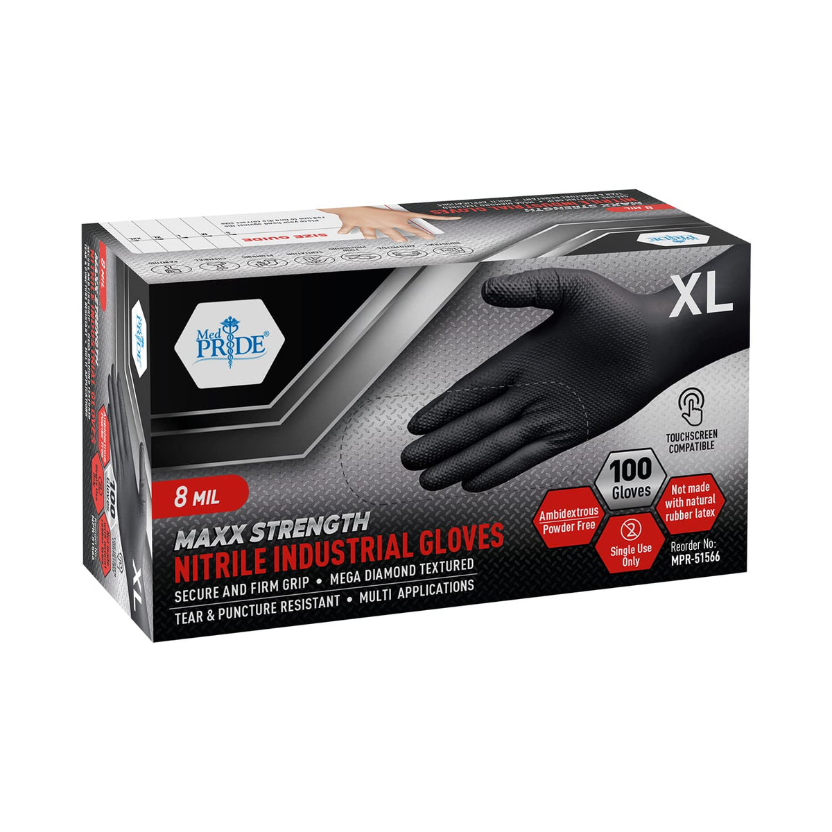 MED PRIDE Maxx Strength 8 mil gloves with diamond texture for secure grip.