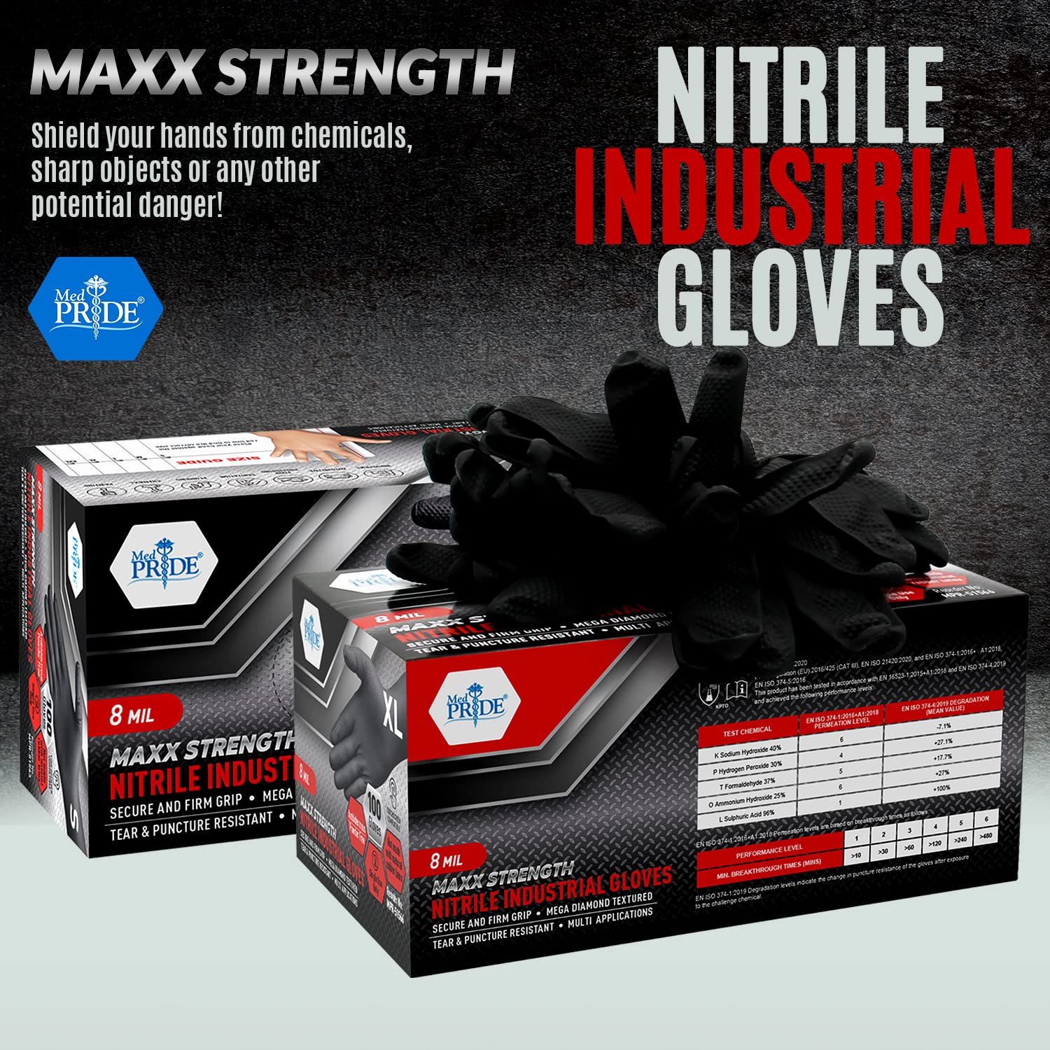 MED PRIDE black nitrile gloves offer durable protection for heavy-duty tasks.