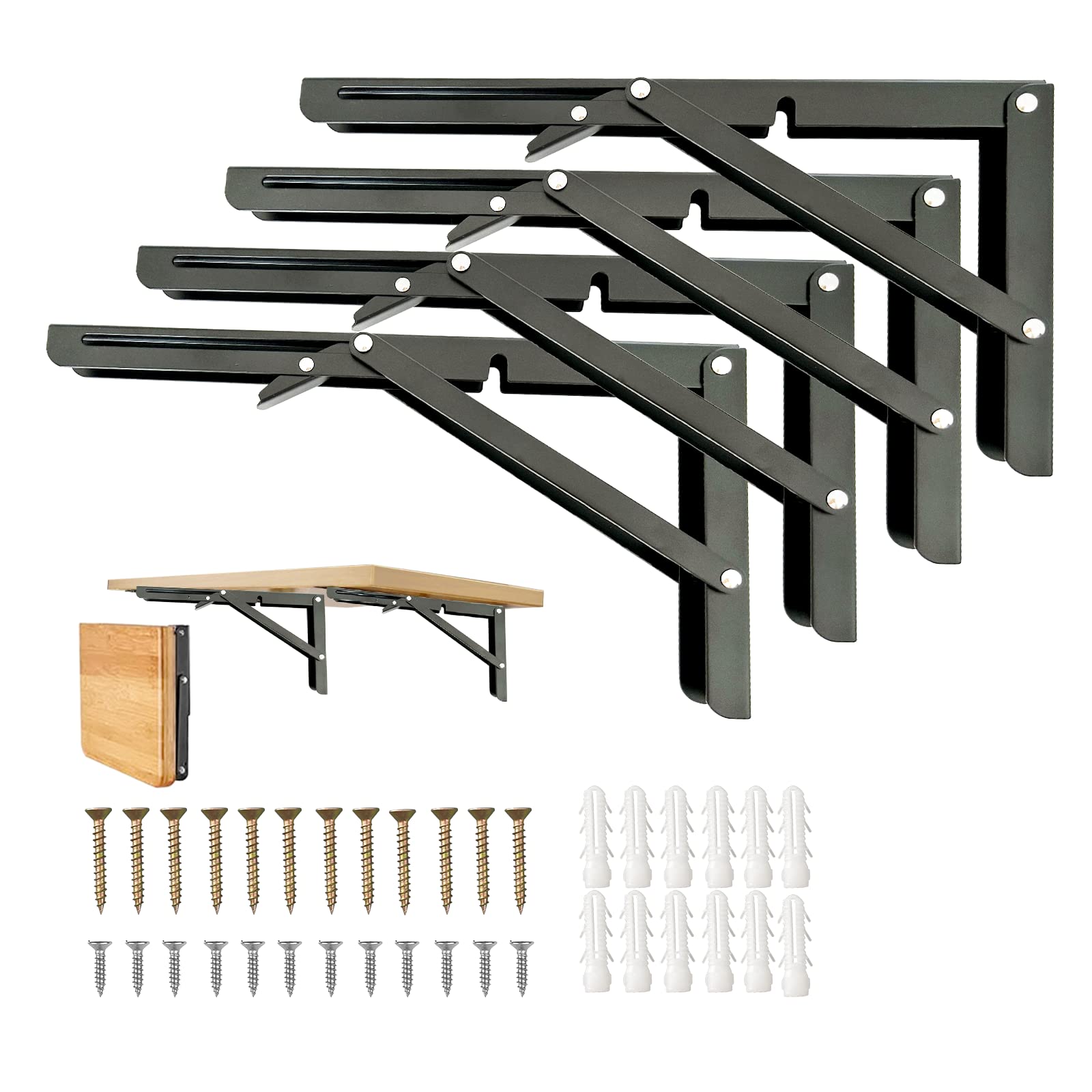 Medach folding brackets with 90-degree lock provide sturdy support for a compact workshop.