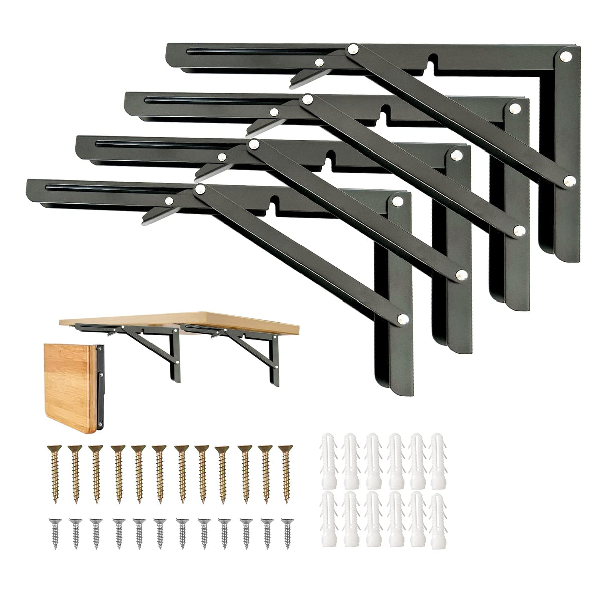 Medach folding brackets with 90-degree lock provide sturdy support for a compact workshop.