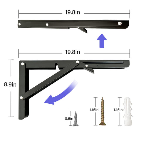 Medach folding brackets folded-flat for space-saving storage in small rooms.