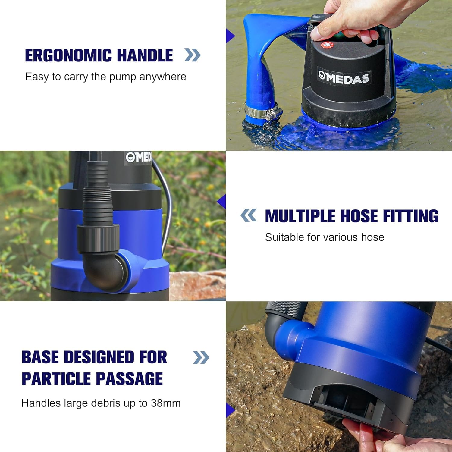 MEDAS 1HP unit with 1-inch NPT discharge and garden hose fittings.