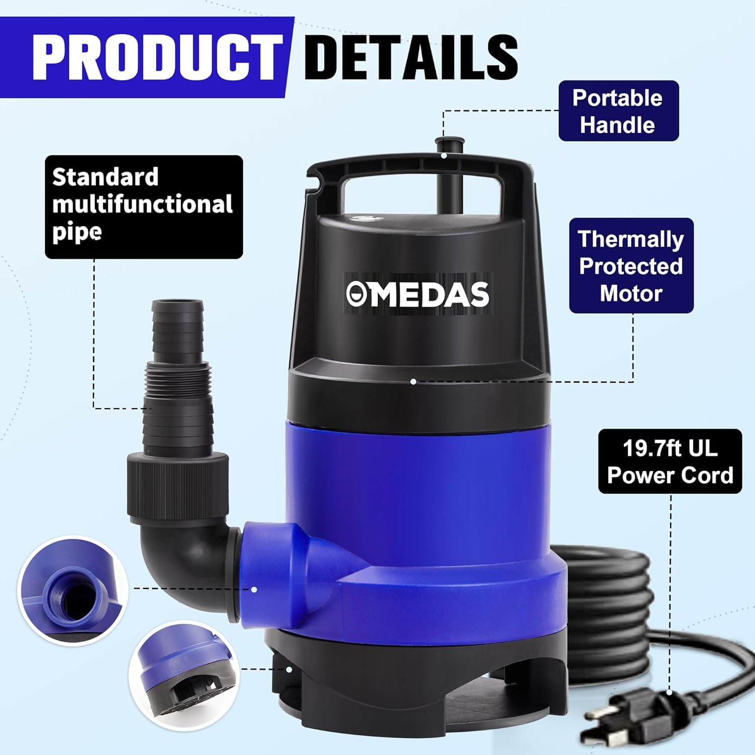 MEDAS sump pump ergonomic handle enables easy transport and site-ready use.