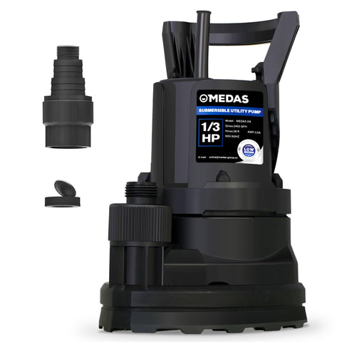 MEDAS portable sump pump 2450 GPH showing rapid water removal for pools and basements