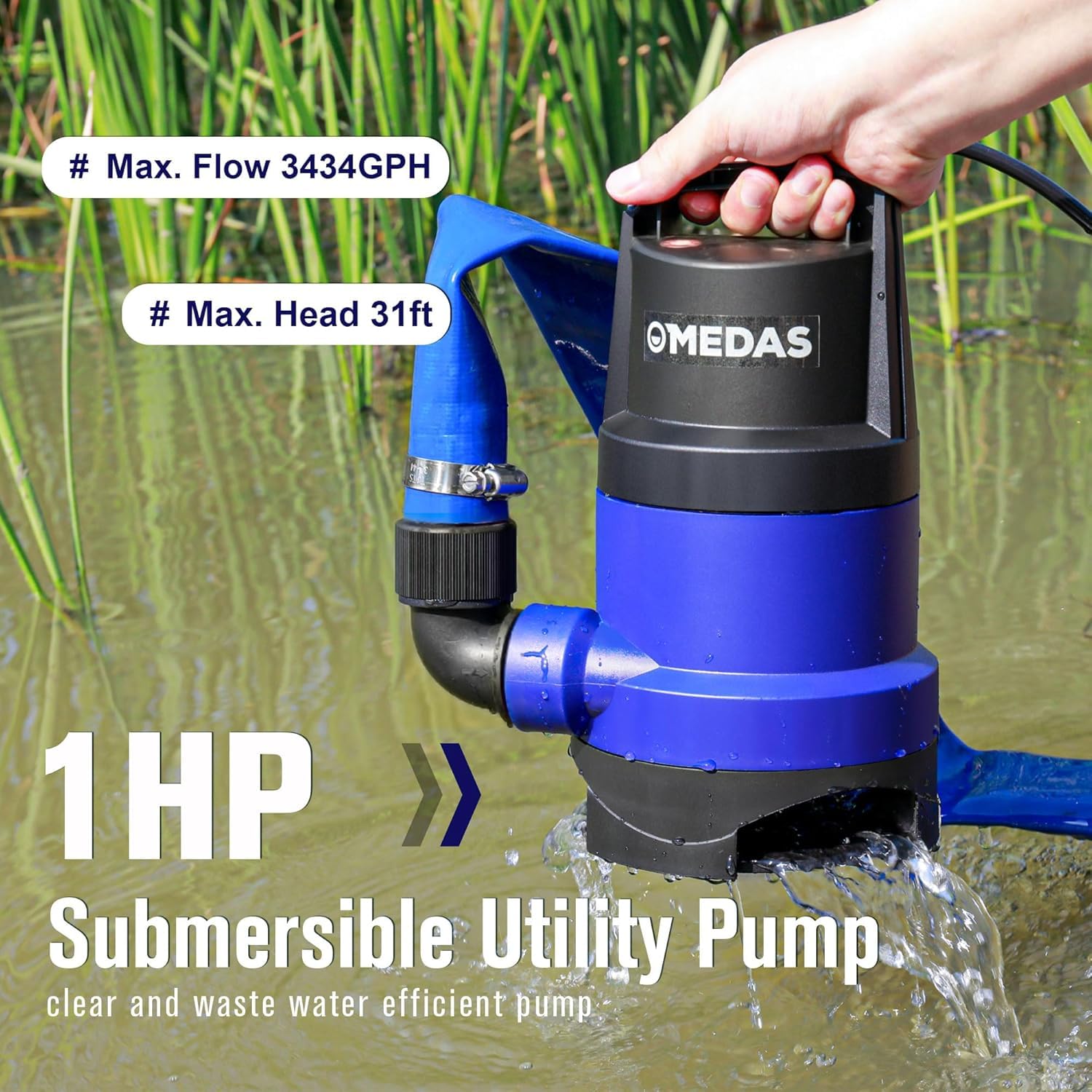 MEDAS pump connected to garden hose and power for easy setup.