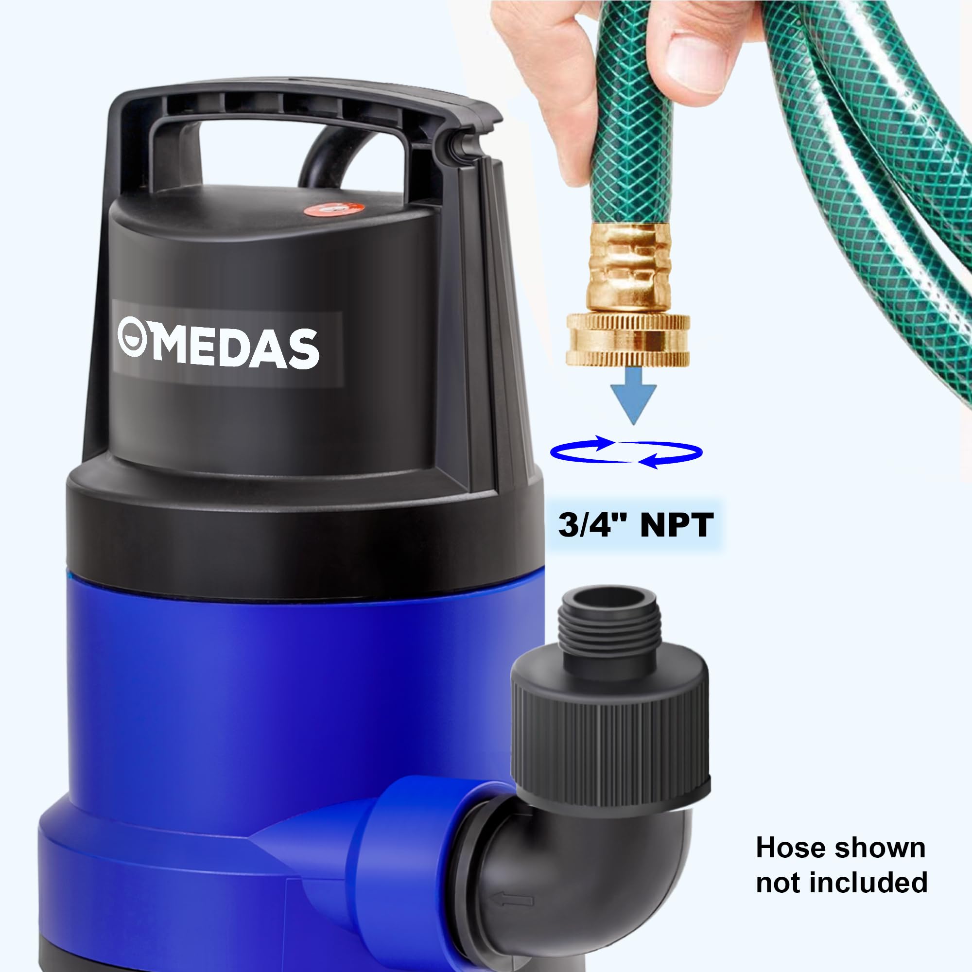 MEDAS pool draining setup shows quick 3434 GPH flow for fast water removal.