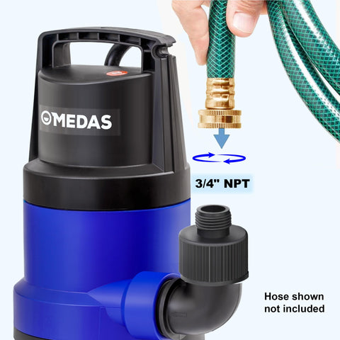 MEDAS pool draining setup shows quick 3434 GPH flow for fast water removal.