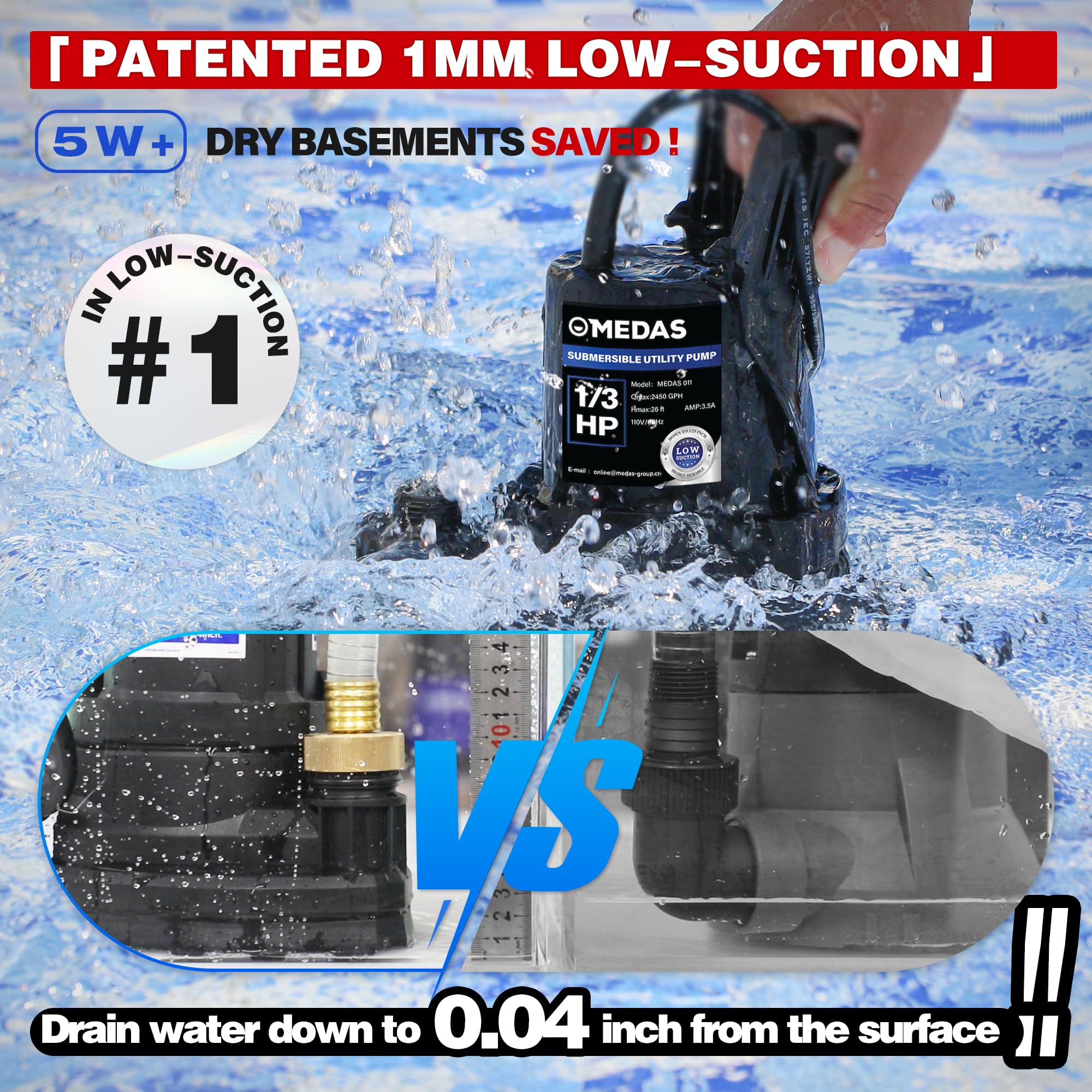 MEDAS sump pump with a 10-foot power cord for flexible placement