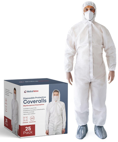 Medical Nation hazmat suit disposable with hood and booties for full-body protection.