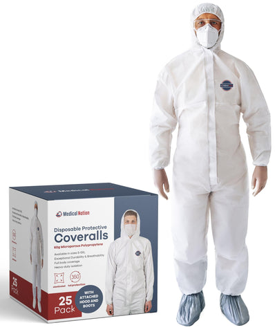 Medical Nation hazmat suit with hood and booties for full-body protection and comfort.