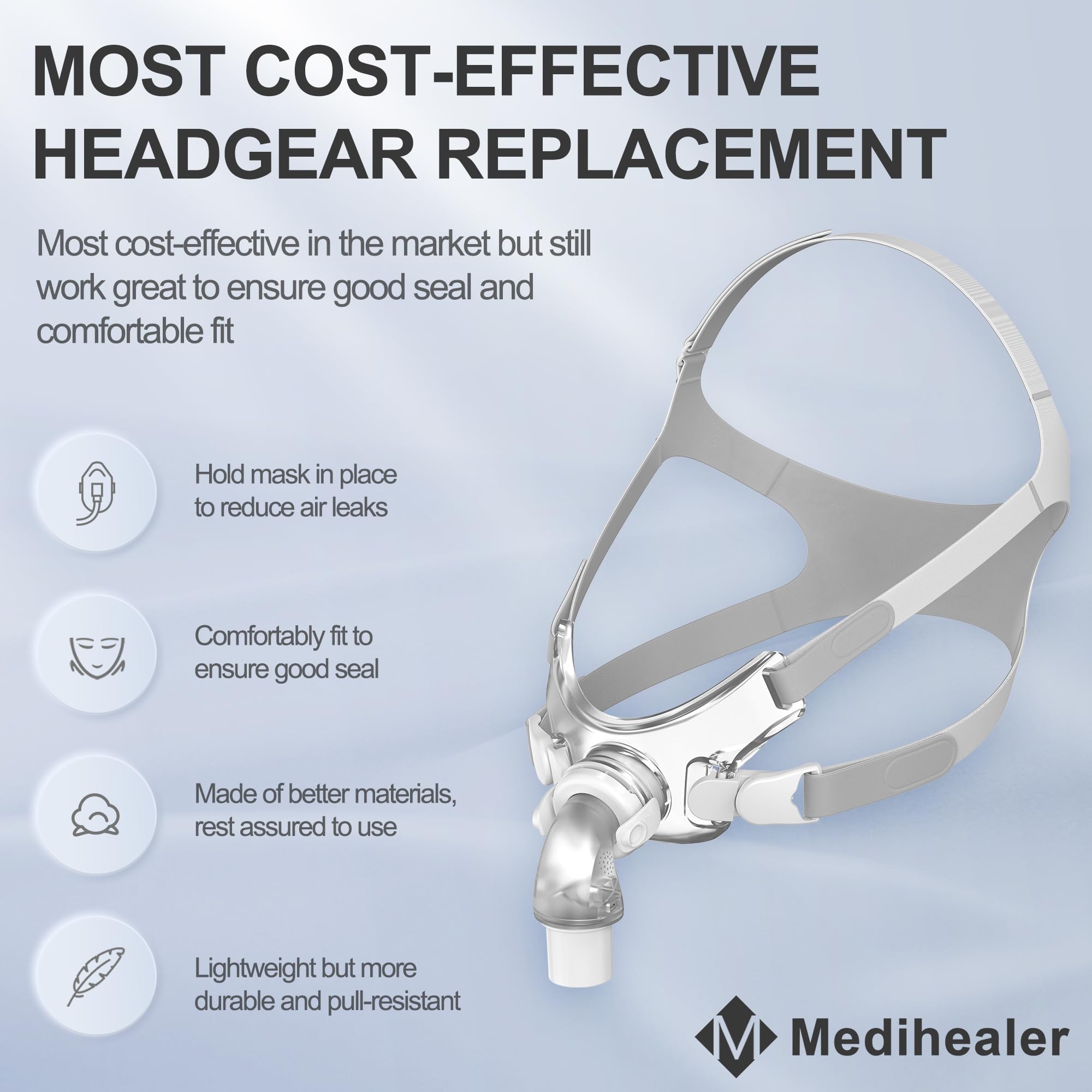 Medihealer frame with head strap provides quick, comfortable nightly adjustments.