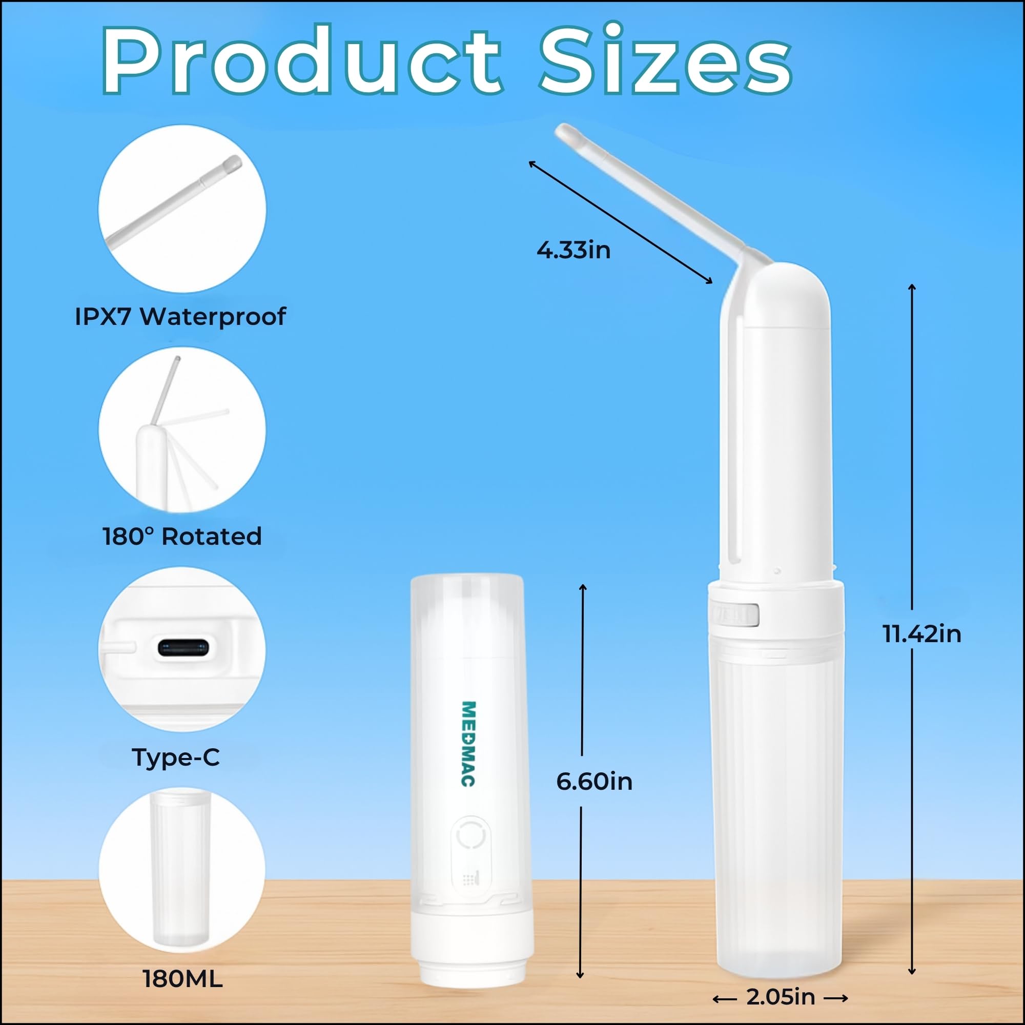 Rechargeable USB C MEDMAC bidet with built in battery for reliable travel power.