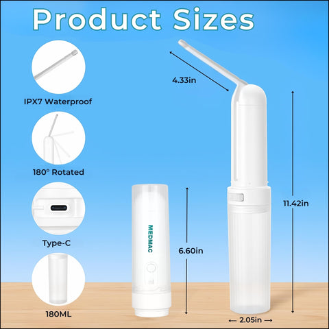 Rechargeable USB C MEDMAC bidet with built in battery for reliable travel power.