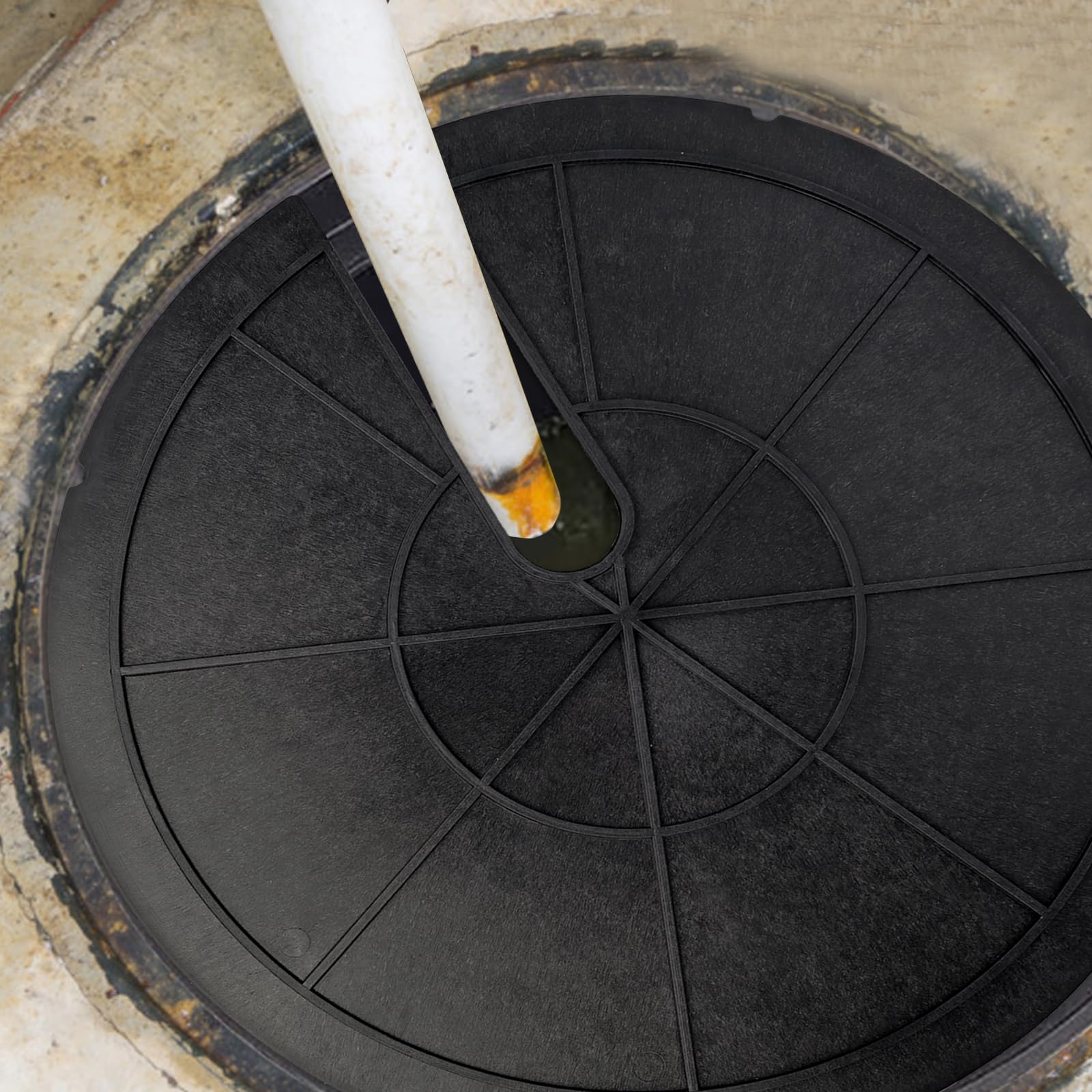 Medoore sump cover protects sump wells and buckets outdoors.