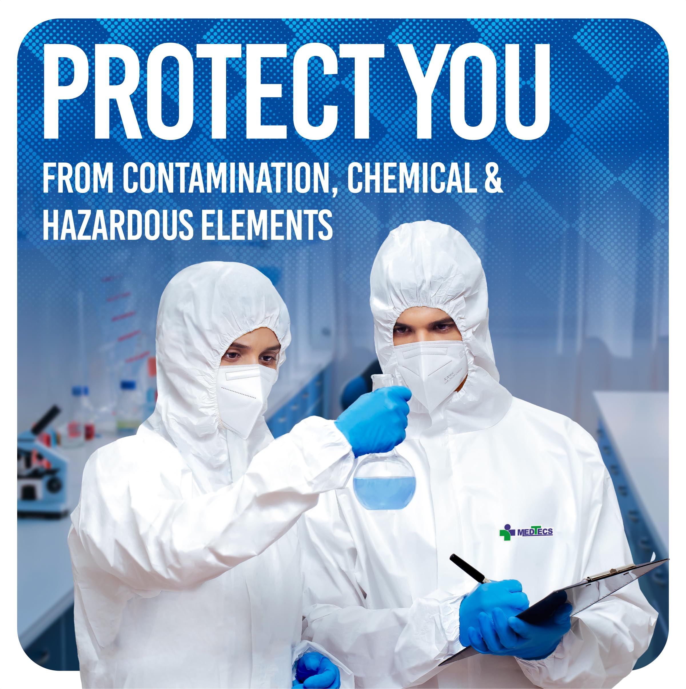 Medtecs disposable coverall available in six sizes for comfort.