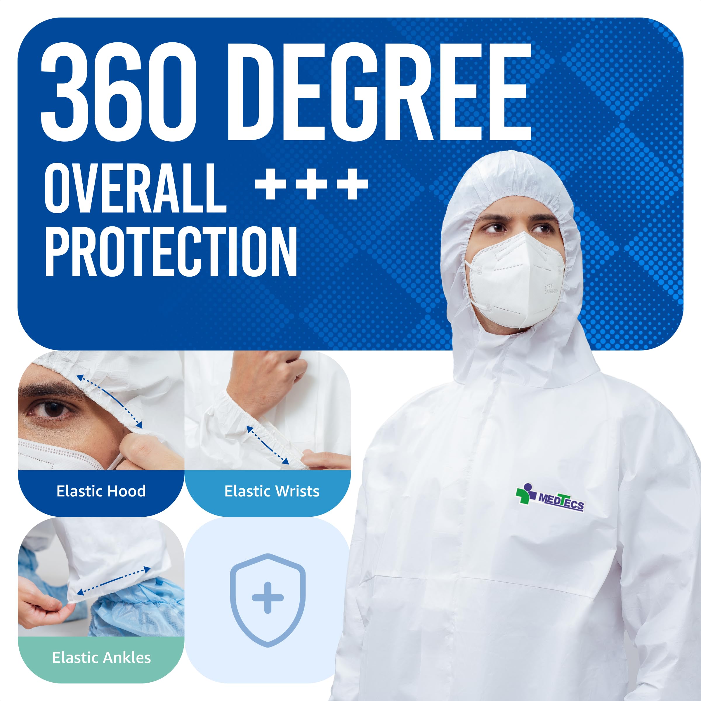 Medtecs hazmat suit with elastic hood and wrists ensures snug fit.