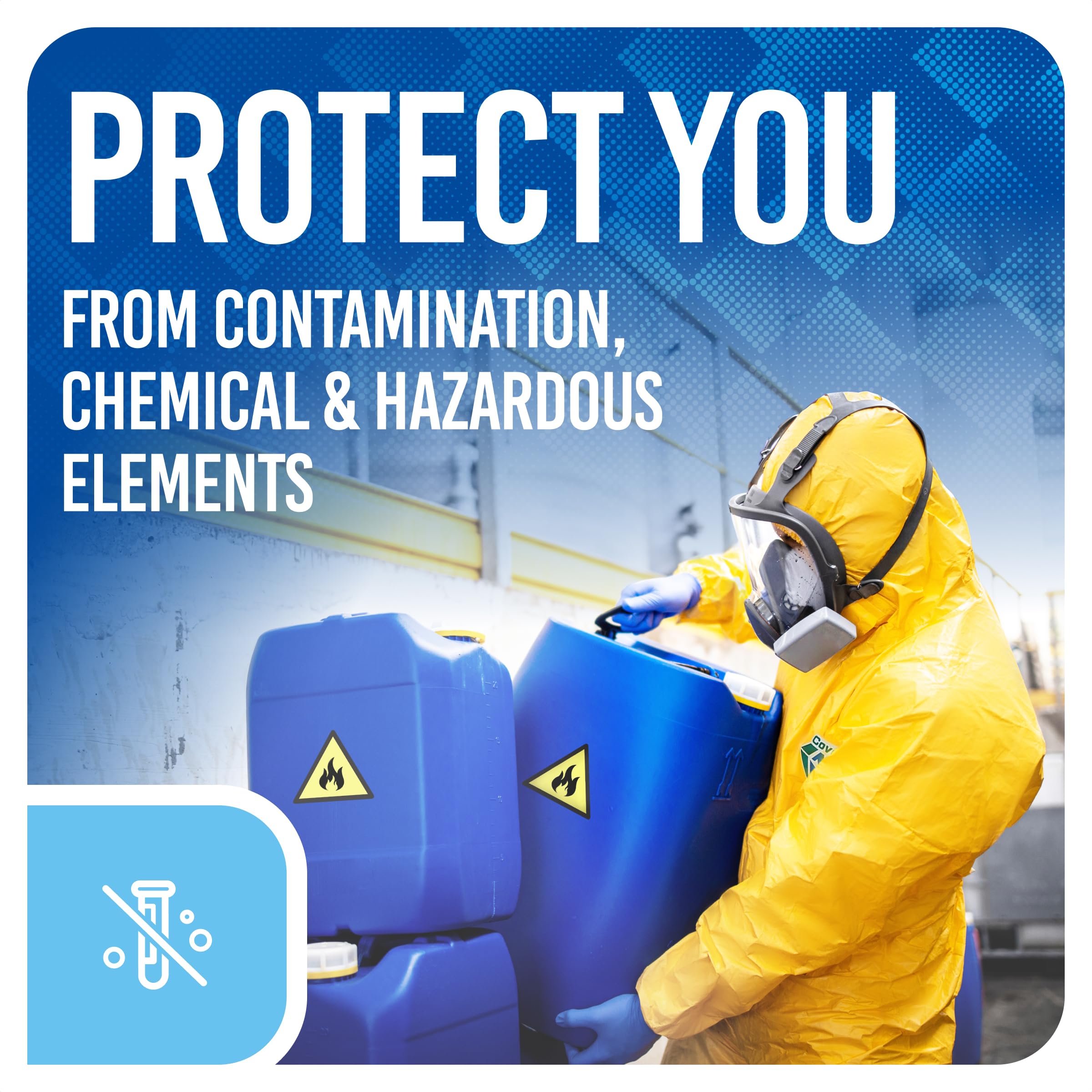 Medtecs hazmat suit flexible design supports comfortable range of motion.