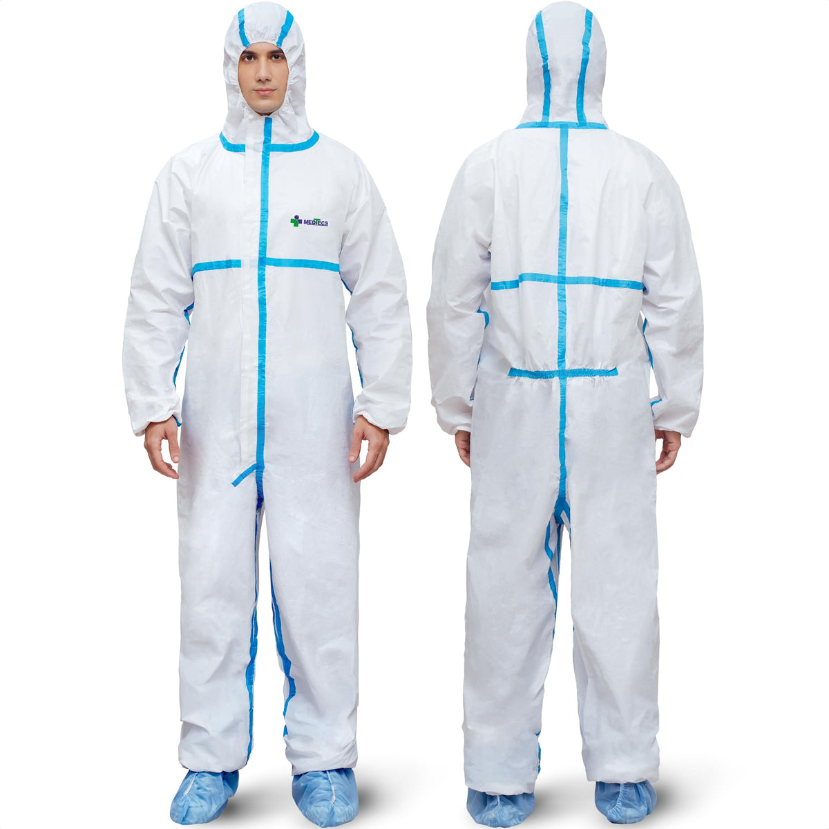 Medtecs Hazmat Suit with elastic hood for secure head protection.
