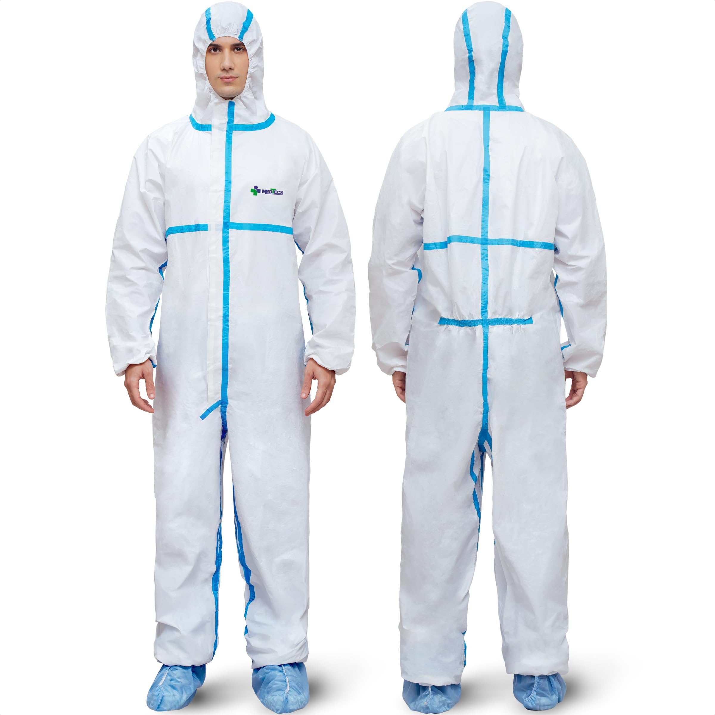 Medtecs hazmat suit hooded full-body protection in action for hazardous environments