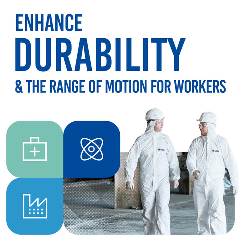 Medtecs hazmat suit available in six sizes for comfortable range of motion.