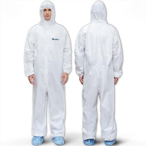 Medtecs hazmat suit with 360-degree protection and hood for full-body coverage.