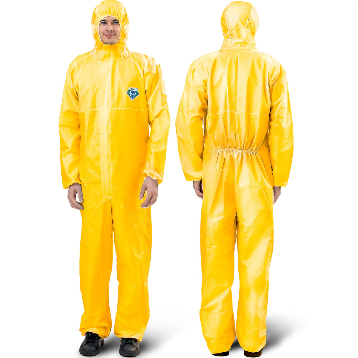 Medtecs hazmat suit with elastic hood for full-body protection in hazardous settings.