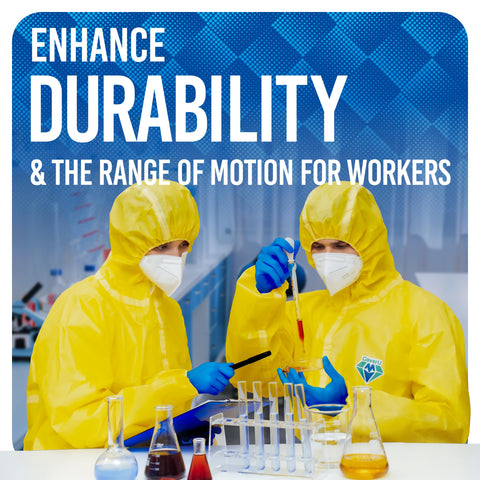 Medtecs hazmat suit offers enhanced range of motion for comfortable movement.