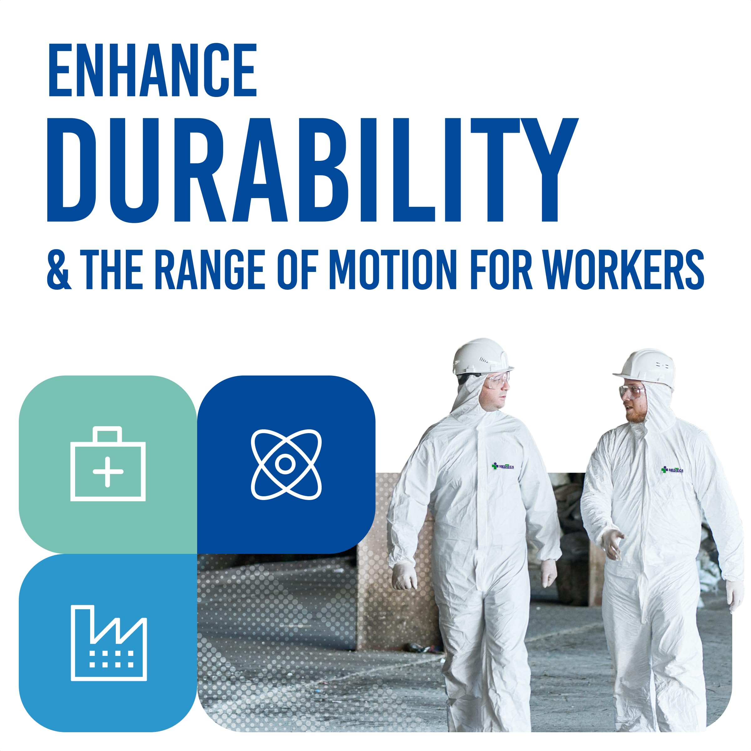 Medtecs hazmat suit size range 5'4" to 6'7" fits many workers.