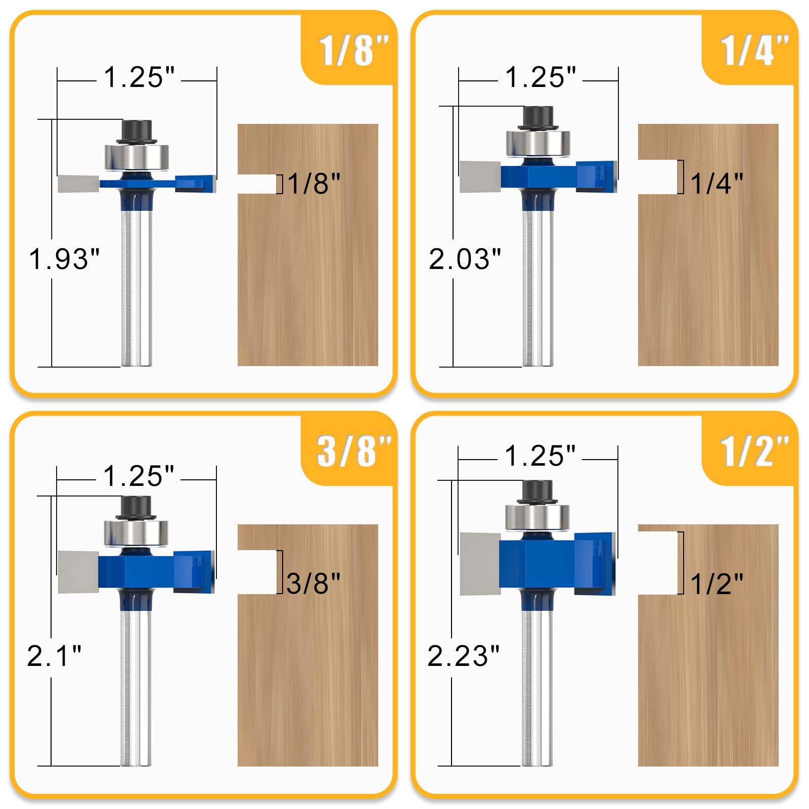 MEIGGTOOL rabbet bit with 1-4 inch shank and six bearings for versatile depth control