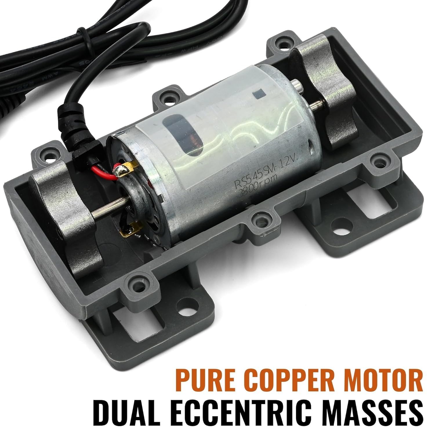 Mefape DC12V vibration motor side view showing dual eccentric gears for strong vibrations