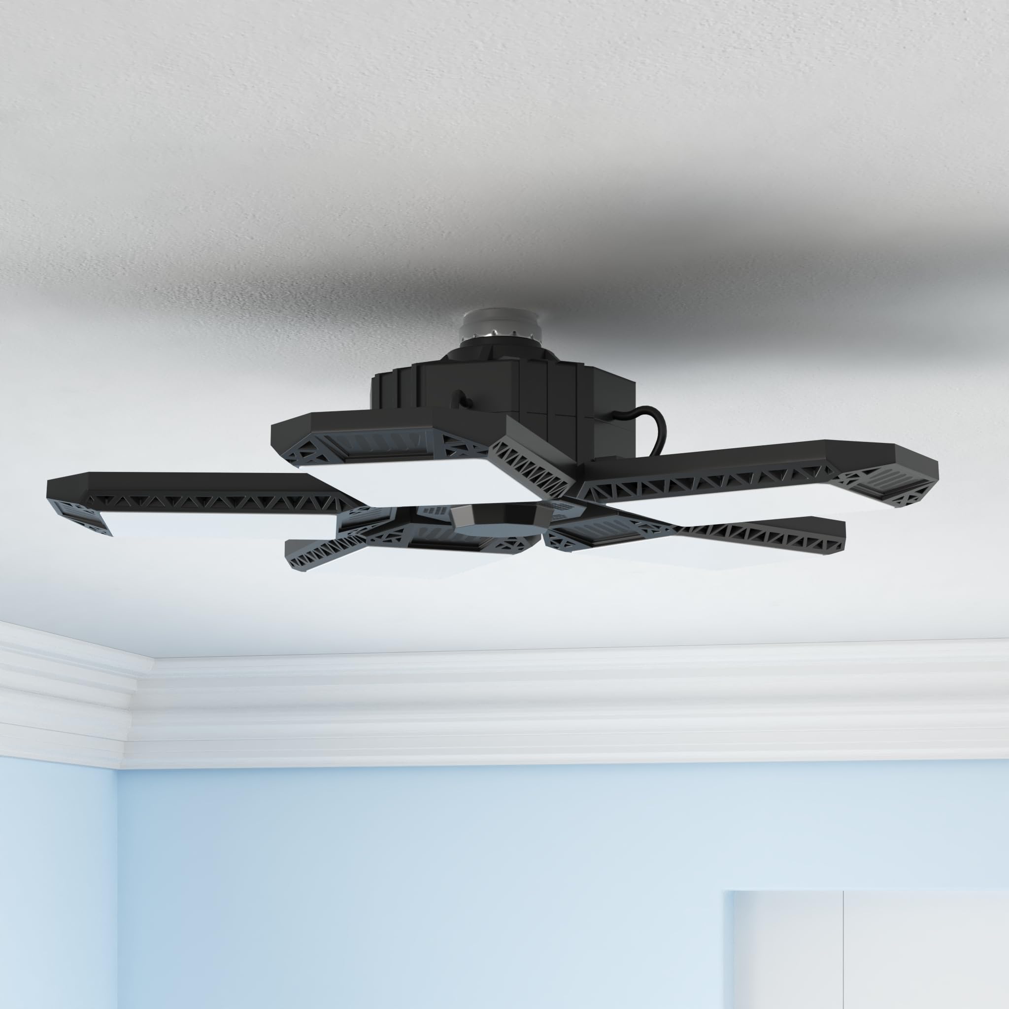 Mefflypee 12000lm deformable ceiling light provides bright, even garage illumination.