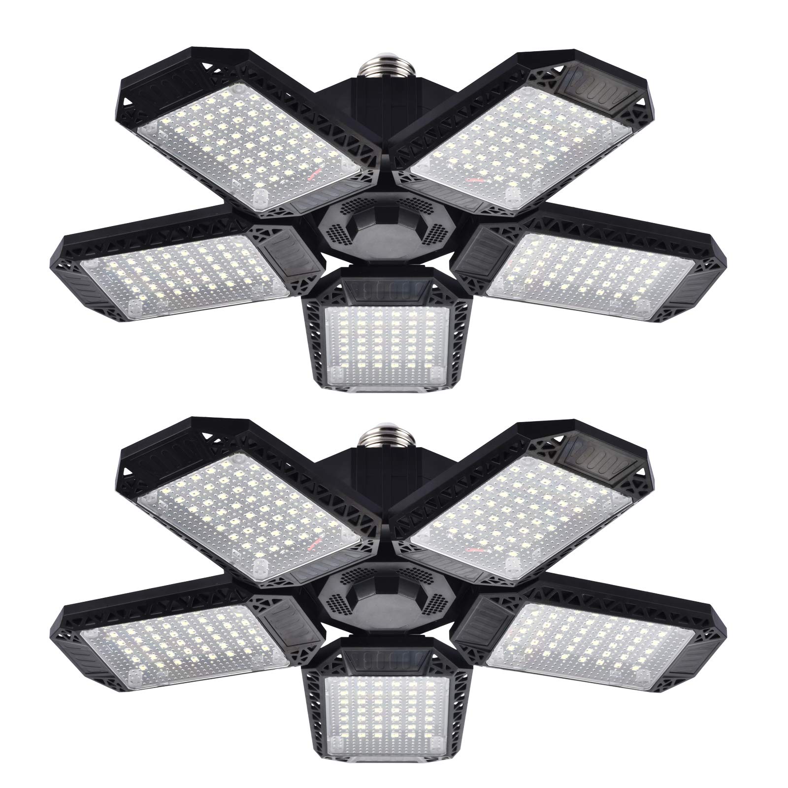 Mefflypee 2-pack LED garage lights with rotatable panels illuminate corners efficiently.