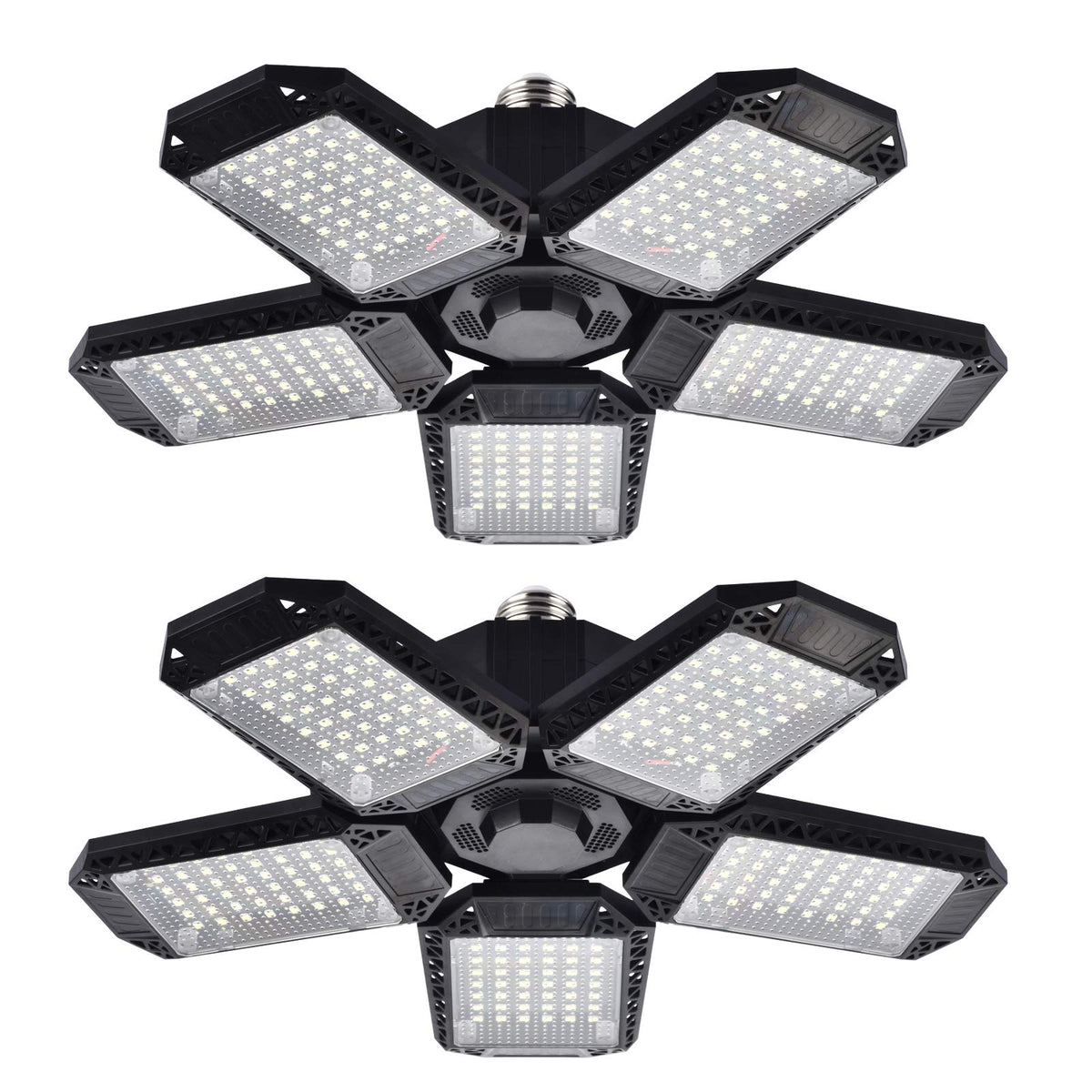 Mefflypee 2-pack LED garage lights with rotatable panels illuminate corners efficiently.