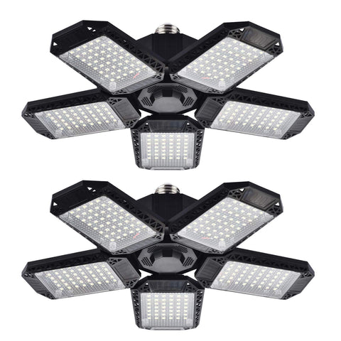 Mefflypee 2-pack LED garage lights with rotatable panels illuminate corners efficiently.