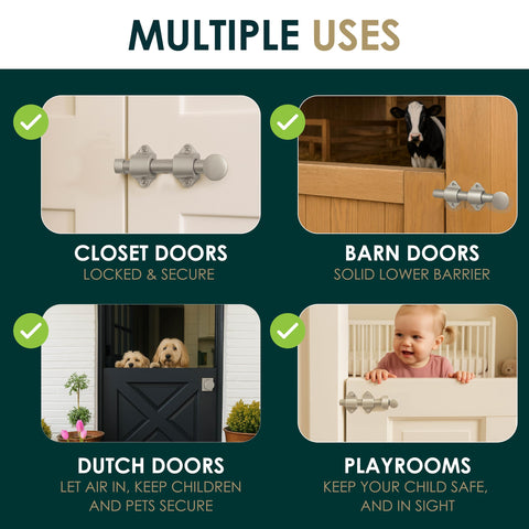 Mega Handles slide bolt with satin nickel finish on interior doors