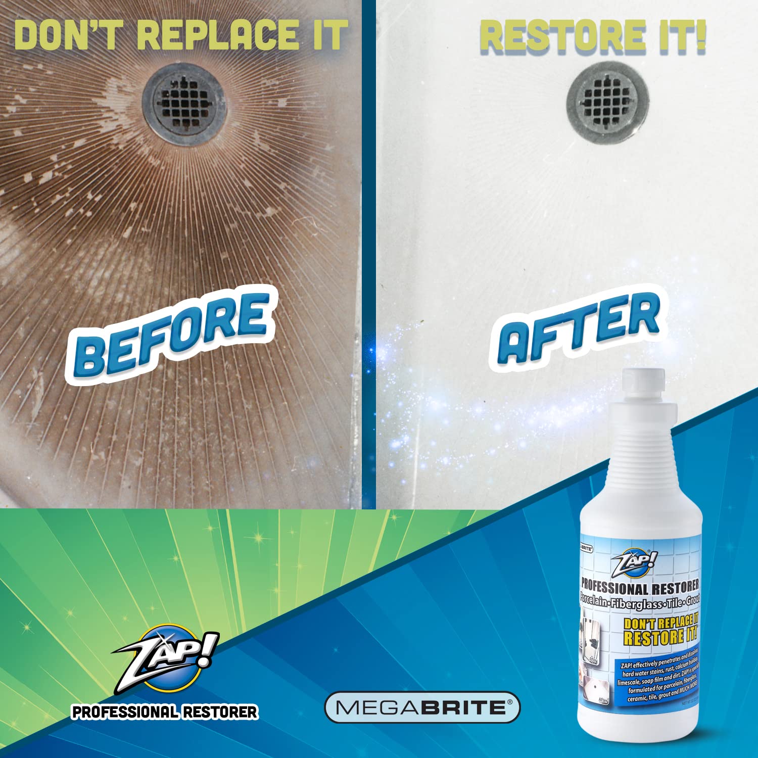 Megabrite ZAP! grout cleaning action removing soap scum and dirt