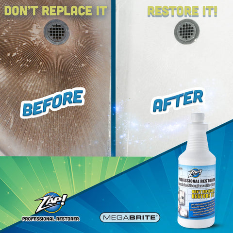 Megabrite ZAP! grout cleaning action removing soap scum and dirt